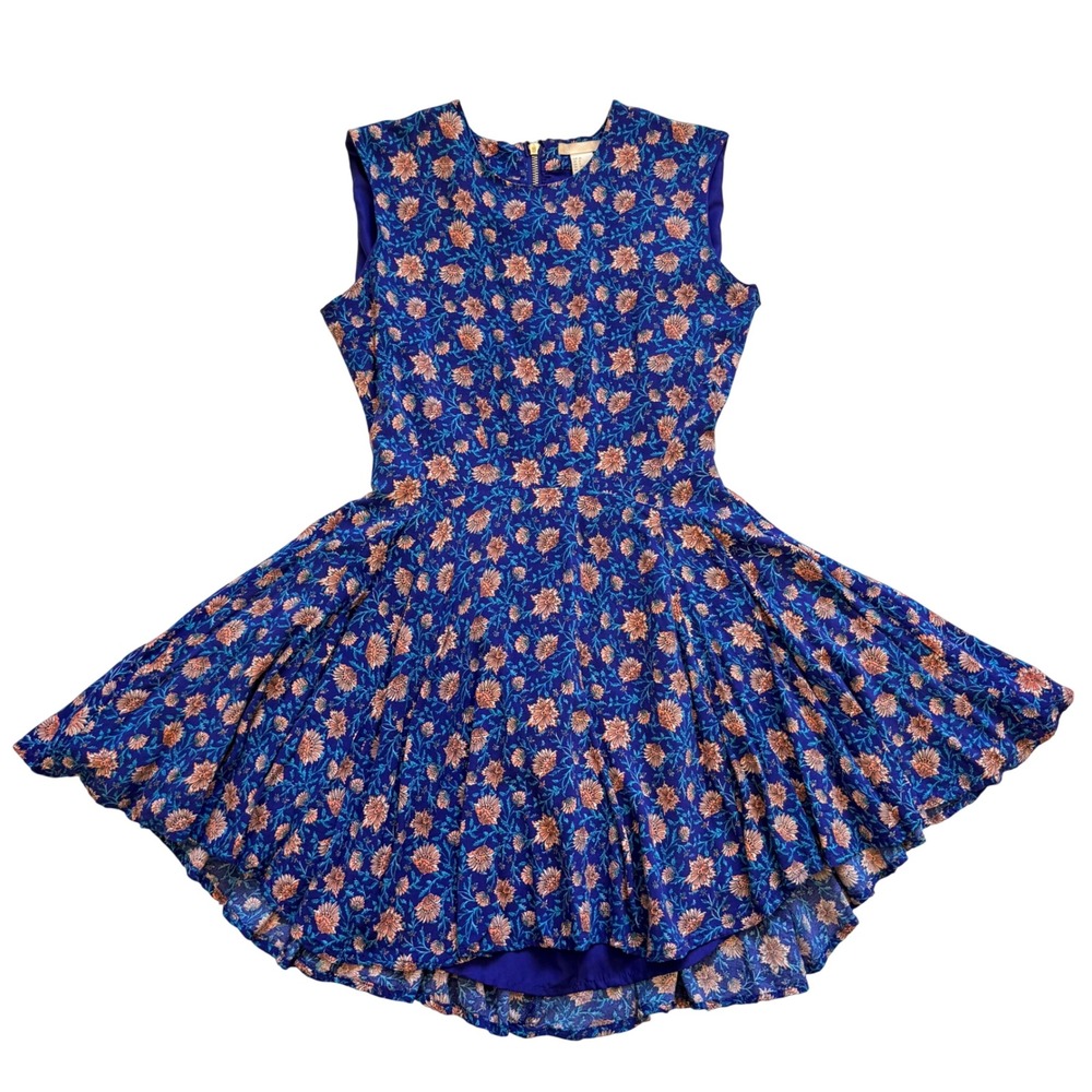 H&M Blue Floral Sleeveless Fit & Flare High Low Dress Gold Back Zip Size 6 Twee
